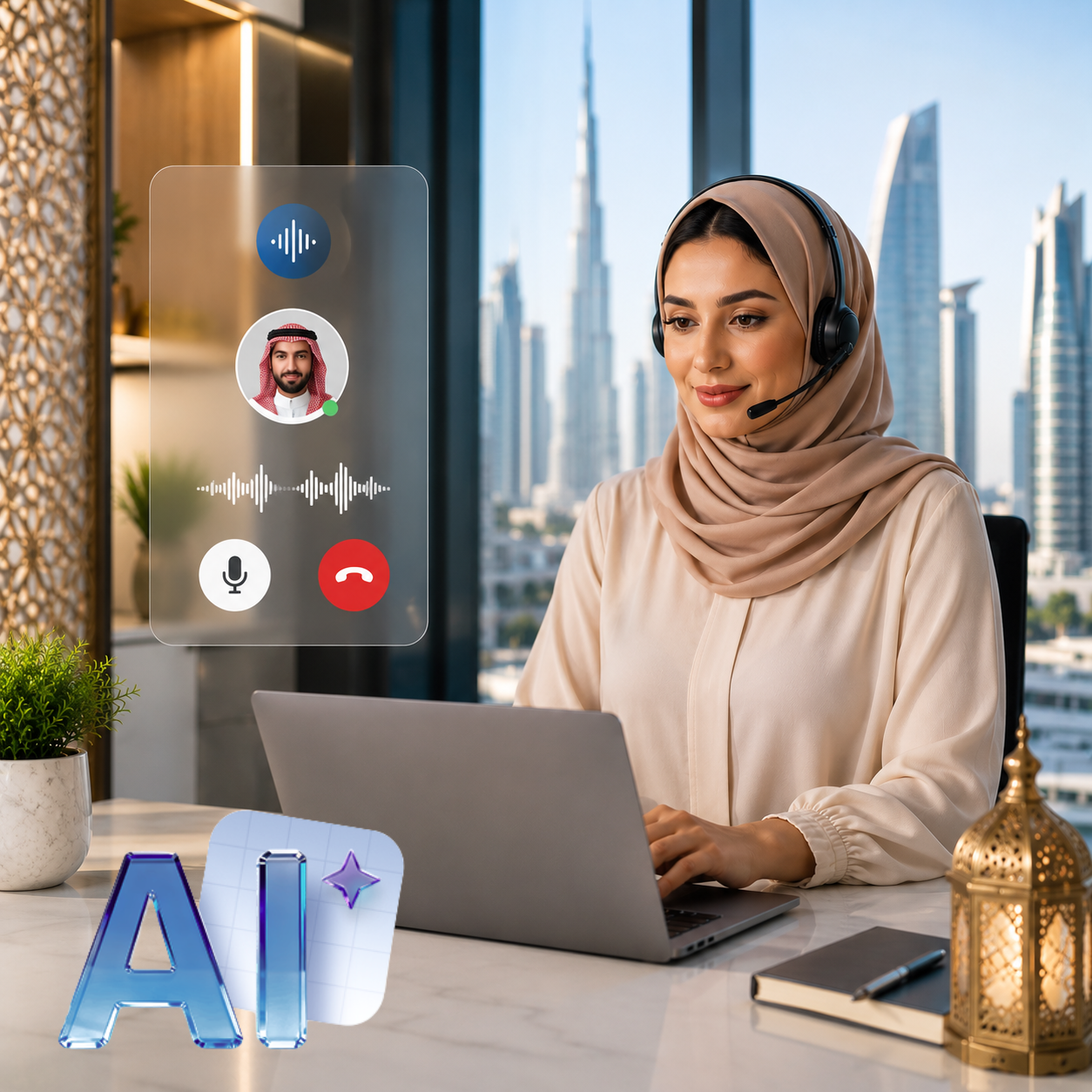 AI receptionist handling a call — Middle Eastern business professional with headset and AI interface