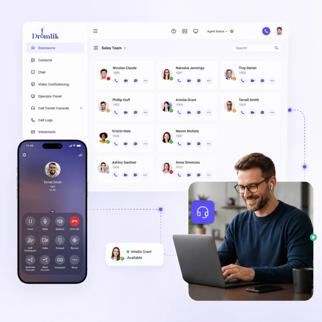 Business phone system desktop dashboard and mobile app in use